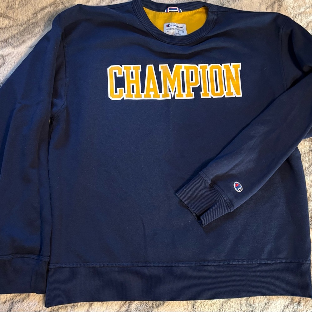 Champion Men's Navy and Gold Crewneck Sweater